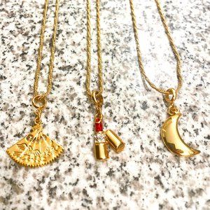 Gold Mini Charm Necklace - Lipstick, Moon, Fan